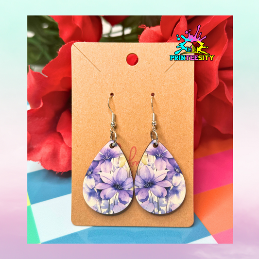 Teardrop Earrings - Purple Flower - 1 Pair